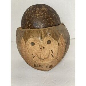 Hawaiian Hand Carved Coconut Monkey Bank Coin Bank Tiki Kitsch Decor Tropical